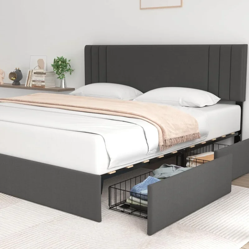

Molblly Upholstered Queen Bed Frame with 4 Storage Drawers and Adjustable Headboard, Platform Bed Frame, Strong Wood Slat Suppor