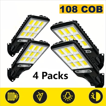 1/2/4-Pack Solar Street Lights, 108 COB LED Outdoor Wall Lights with Remote Control and Motion Sensor, Adjustable 3 Modes, Suita 1