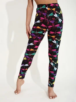 Autumn Winter 1PACK Women's Black Bottom Colorful Dragonfly Pattern Sexy Tight Legging Casual Sports Elegant Fitness Yoga Pants 1