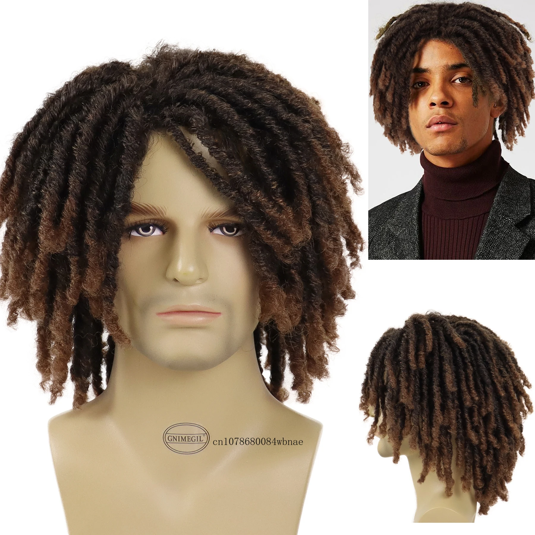 

Short Dreadlocks Synthetic Ombre Brown Crochet Twist Hair Braided Wigs Afro Bob Curly Men Wig Daily Party Use Heat Resistant