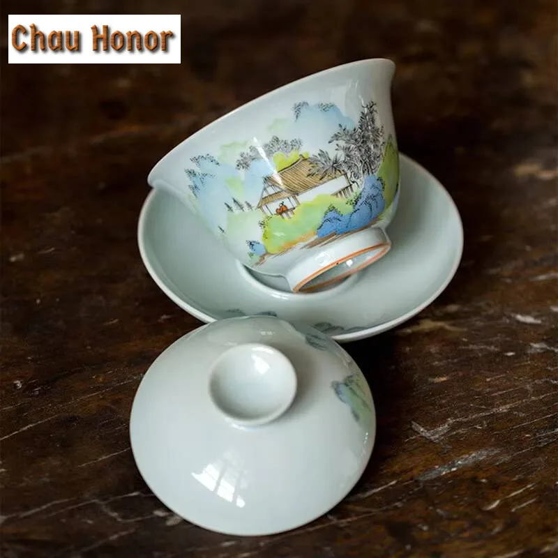 140ml Boutique Antique Glaze Ceramics Pure Hand-painted Ceramics Sancai Gaiwan Handmade Household Kung Fu Teaset Tea Ceremony