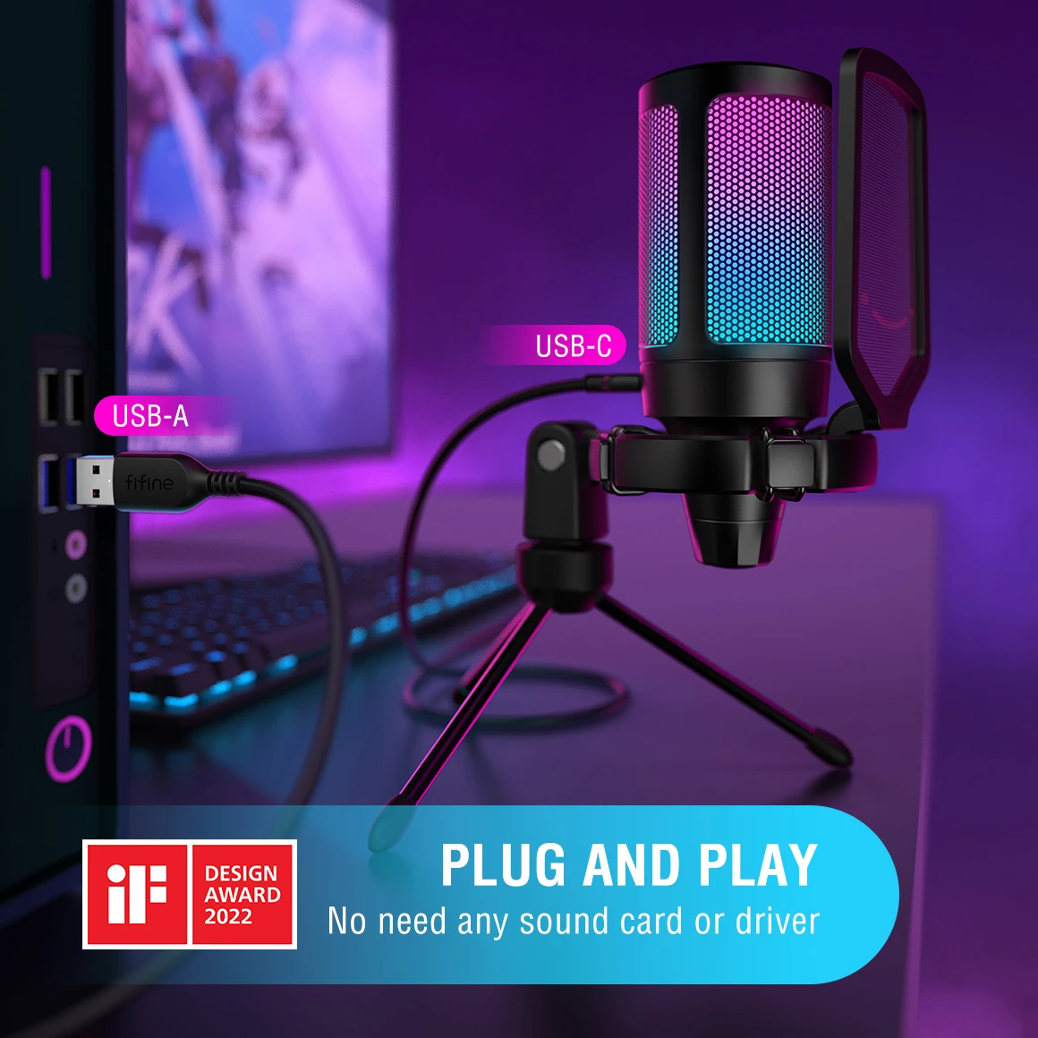 USB Gaming PC Microphone for Streaming Podcasts, AmpliGame RGB