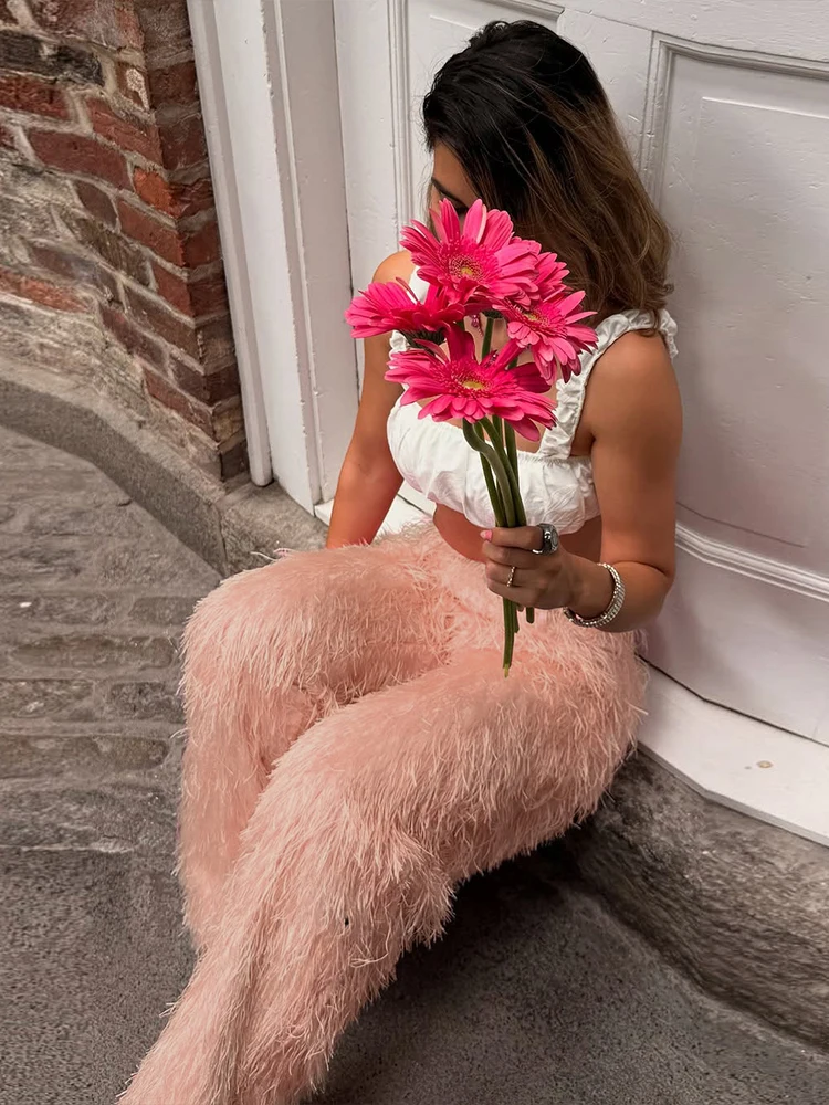 Nibber Plush Tassels Pants Women Elastic High Waist Unique Straight Casual Autumn Trend Street Wild Hottie Chic Street Bottoms