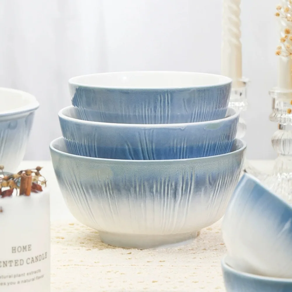 Handmade Ceramic Dinnerware Sets-Reactive Glaze Plates Bowls, Dishwasher Microwave Safe, Blue Relievo Design，Durable Dishes Set