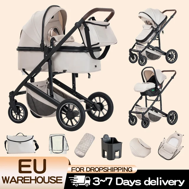 Poussette de luxe 3-en-1 avec siège auto pour nouveau-né, landau tout-terrain, poussette de voyage pour bébé avec amortisseurs et cadre en aluminium 1