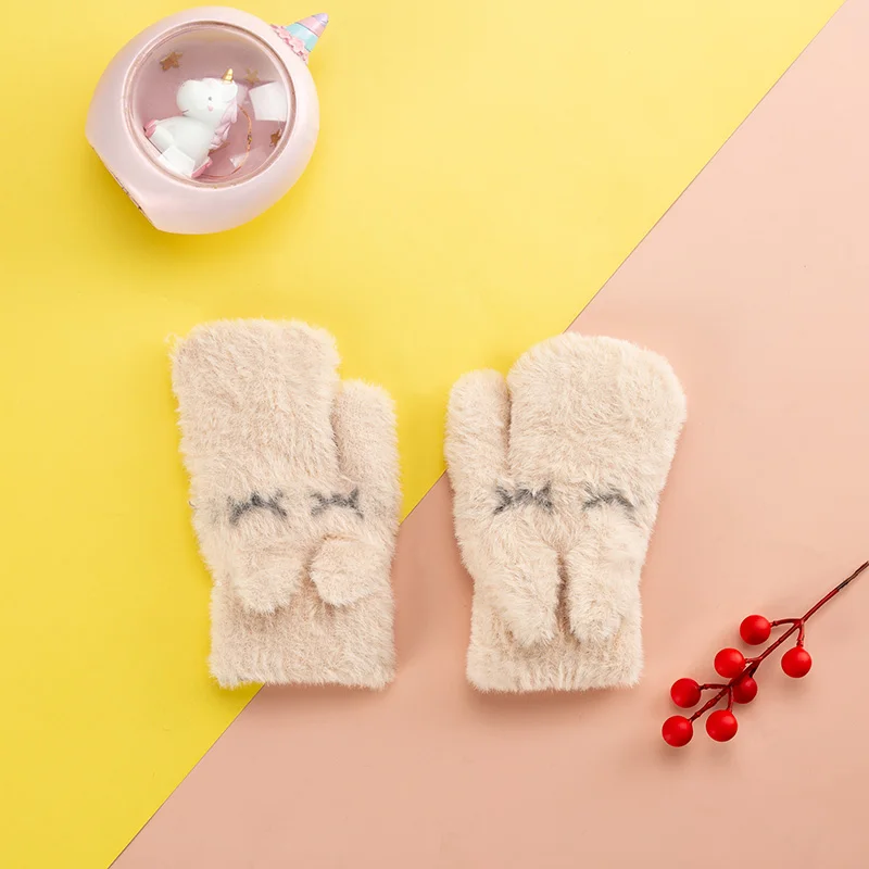 4-10 Years Children Mittens Girl Winter Plus Velvet Furry Gloves Kids Soft Full Finger Warm Girls Gloves