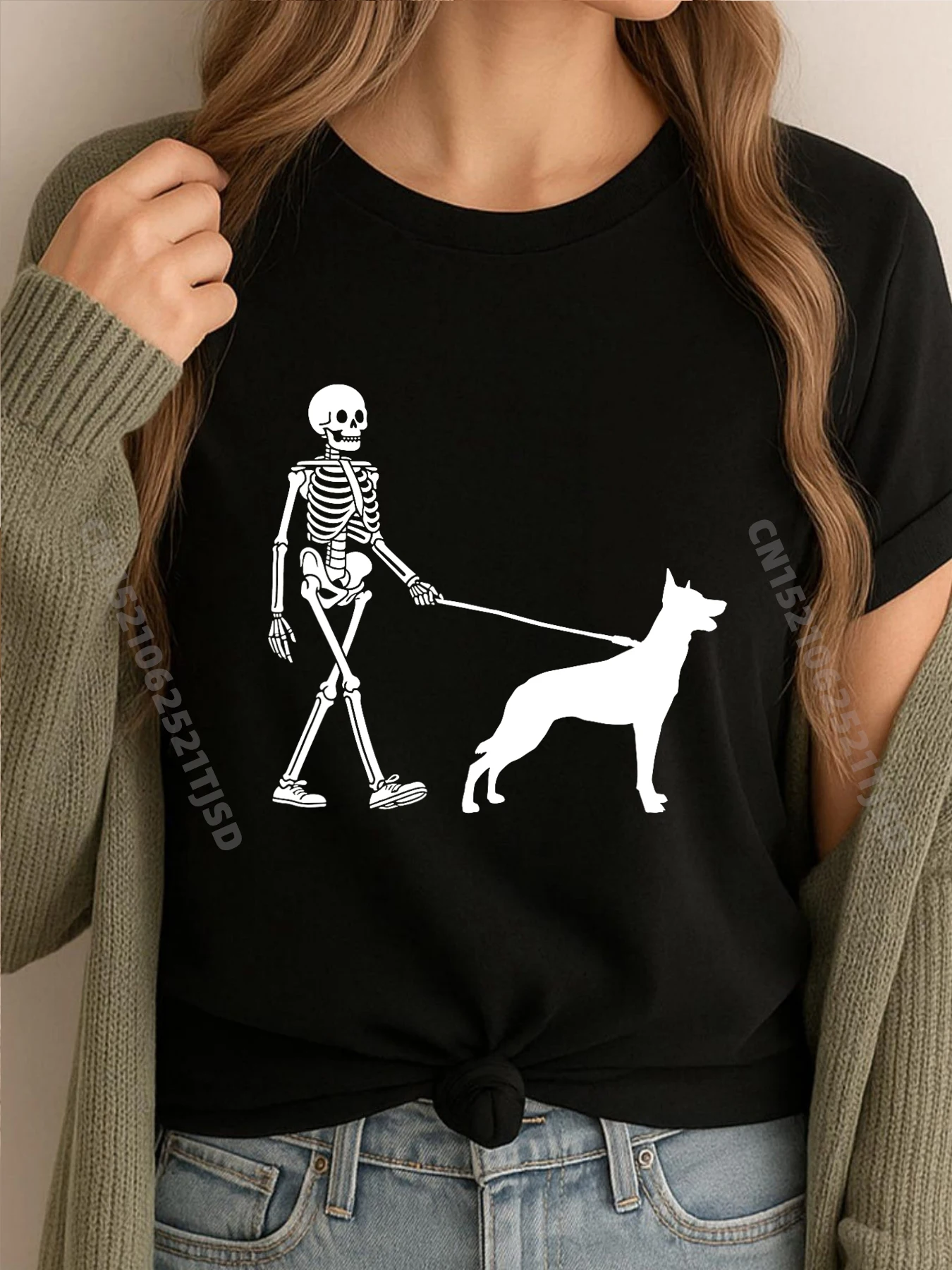 All Cotton Women's Short Sleeve Skeleton Walking A Dog Belgian T-shirts Hip hop Tops Tees Loose Slogan O-Neck Tee-Shirt Skeleton Walking A Dog Belgian Malinois Halloween Outfit black
