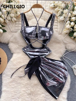 CHILLGIO Women Sexy Metallic Feeling Jumpsuits Skirts Clothing Sets Hollowed Bandage Halter Rompers Combi-pants Tight Bodysuits 1