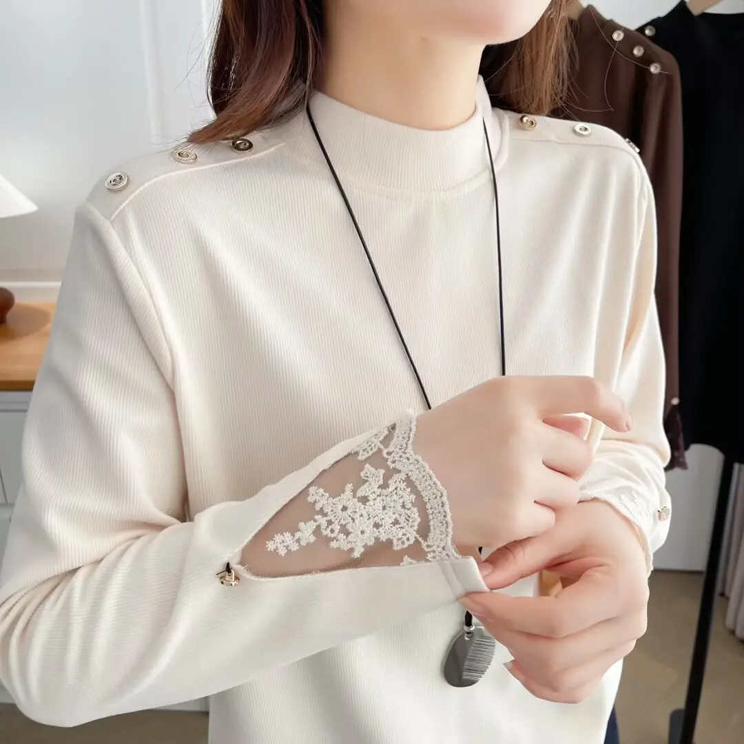 XXXXL Fashion Plus Size Woman Clothing T-Shirt New Autumn And Winter Style Lace Patchwork Cuffs Mock Neck Base Tops 2590