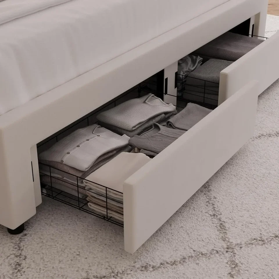 King Size Upholstered Bed Frame with Storage and LED Lights