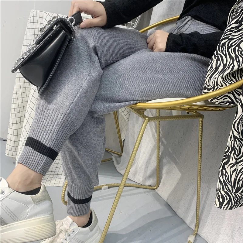 Knitted Pants Women High Waist Ankle-Length Pants Ladies Office Stretch Baggy Pantalones Autumn Winter Lace Up Casual Trousers