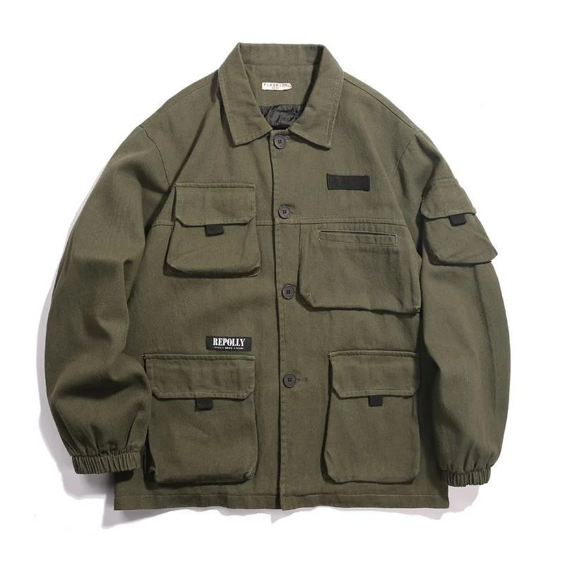 Muti-pockets Cargo Men Denim Jackets Spring Autumn Streetwear Army Green Harajuku Coat Korean Fashion Military Casual Workwear