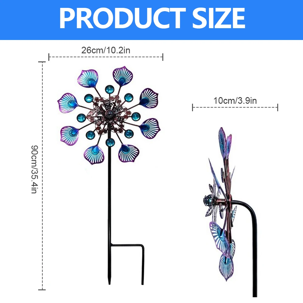Outdoor Metal Wind Spinners Weather Resistant Wind Spinners with Stable Stake 90cm Peacock Tail Wind Spinners Metal Wind Mill