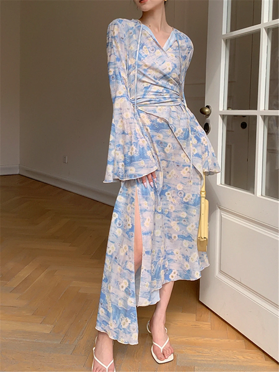 

Printed Dress Women Summer 2023 New Elegant Stylish V-neck Slim Lace-up Floral Ladies Irregular Dresses Female Vestidos Clothes