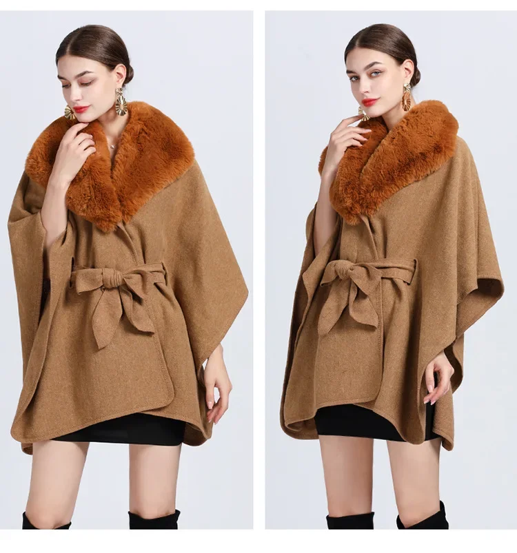 Description Picture 6 of item5 Colors Women Cardigan Triangle Neck Belt Out Streetwear Loose Cloak Winter Warm Woolen Poncho Cappa Faux Rabbit Fur Shawl Coat