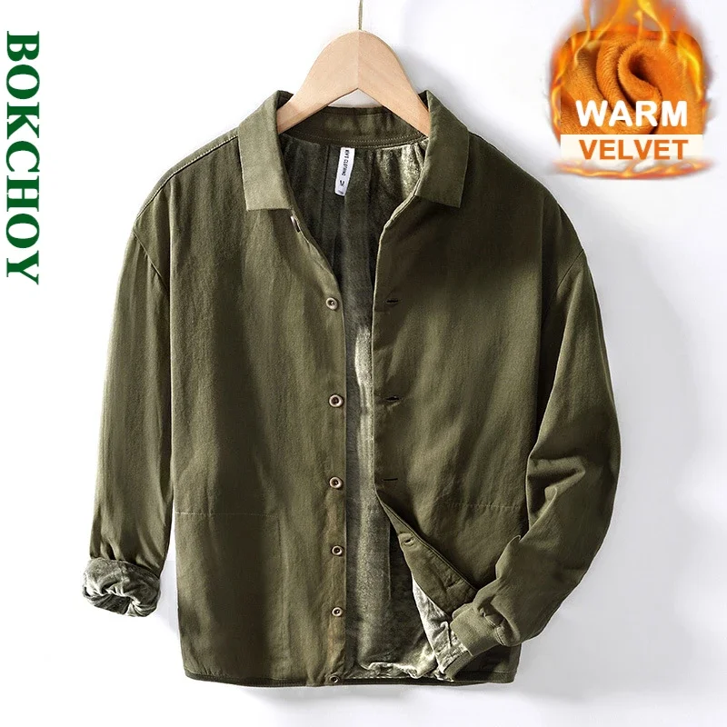 

Autumn Winter New Casual 100% Cotton Thicked Velvet Shirts for Men Clothing Solid Color Keep Warm Baseball Jackets BL129