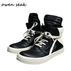 Owen Seak Kids High Top Sneakers Girls Boys Genuine Leather Children Shoes Luxury Lace Up Casual Spring Streetwear Black Boots