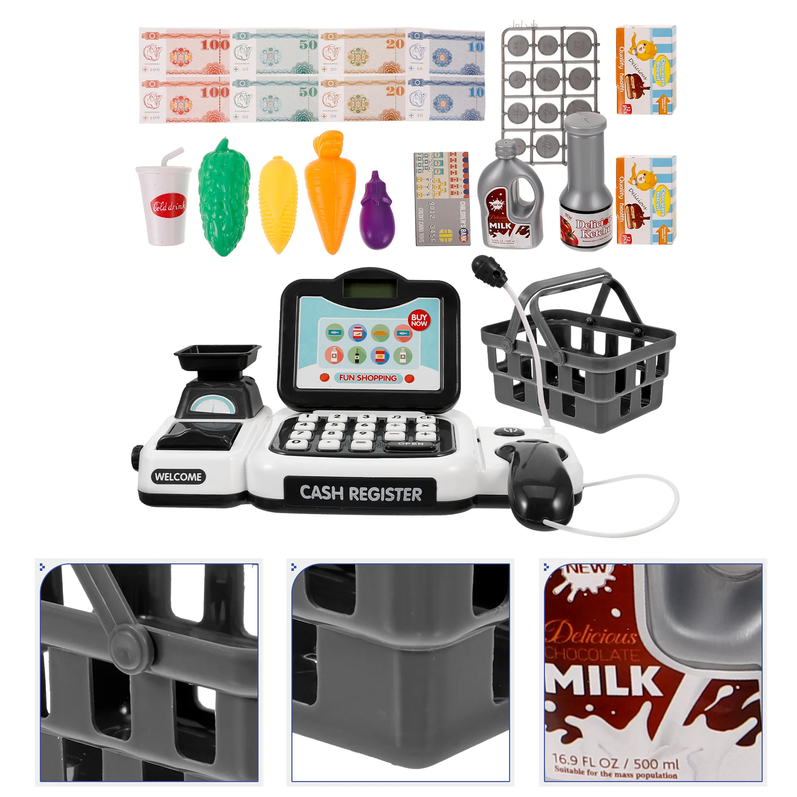 Gray Children Cash Register Toy Calculator Kids Toy Set Emulation Cash Register Simulation Calculator Pretend Play Money Bank