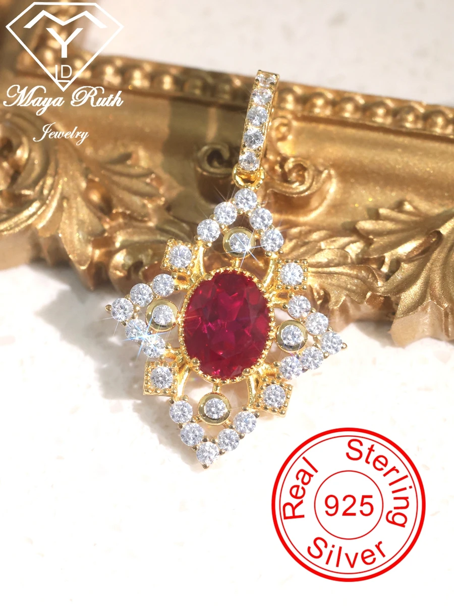 

Lab Created Ruby 925 Sterling Silver Gold Plating Designer Pendant For Women Vintage Italy Retro Style Red Gemstone Halo Jewelry