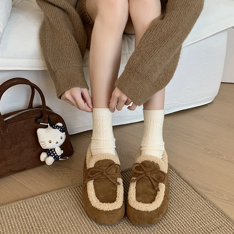 Aphixta Sweet Bow Woman Flat Shoes Warm Short Plush Lining Suede Round Toe Woman Shoes Slip On Classic Ladies Footwear