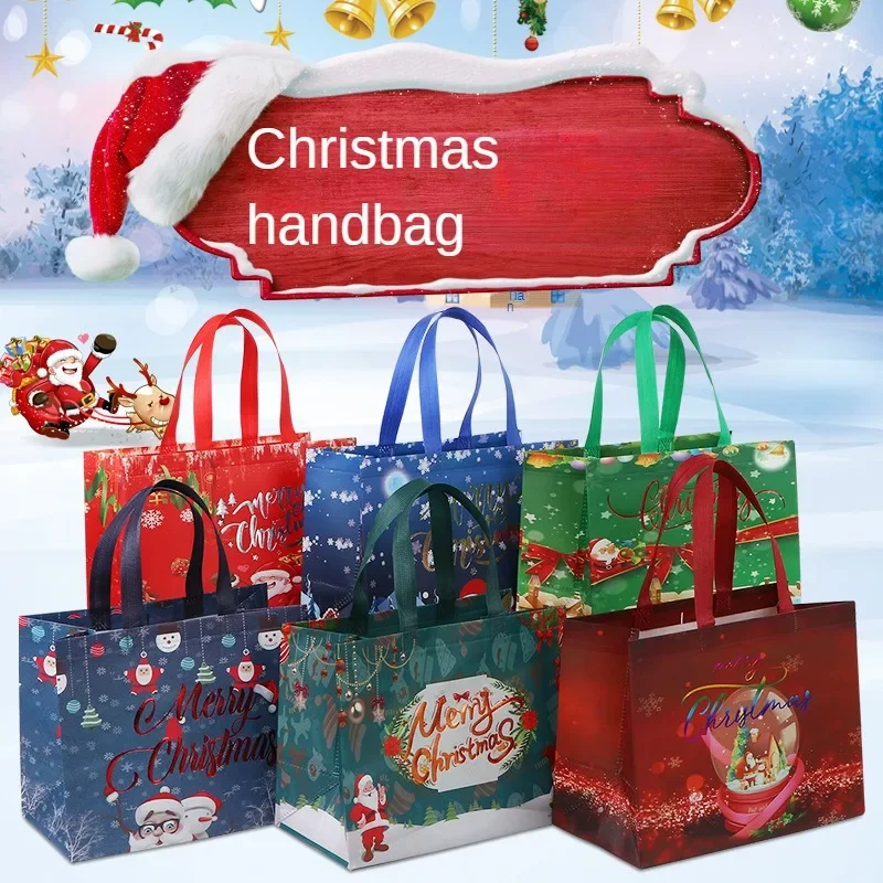 

2pcs MINISO Christmas Reusable Handbag Cartoon Candy Bag Santa Claus Snowman Handbag Folding Storage Eco Bag Decor Xm Party Gift