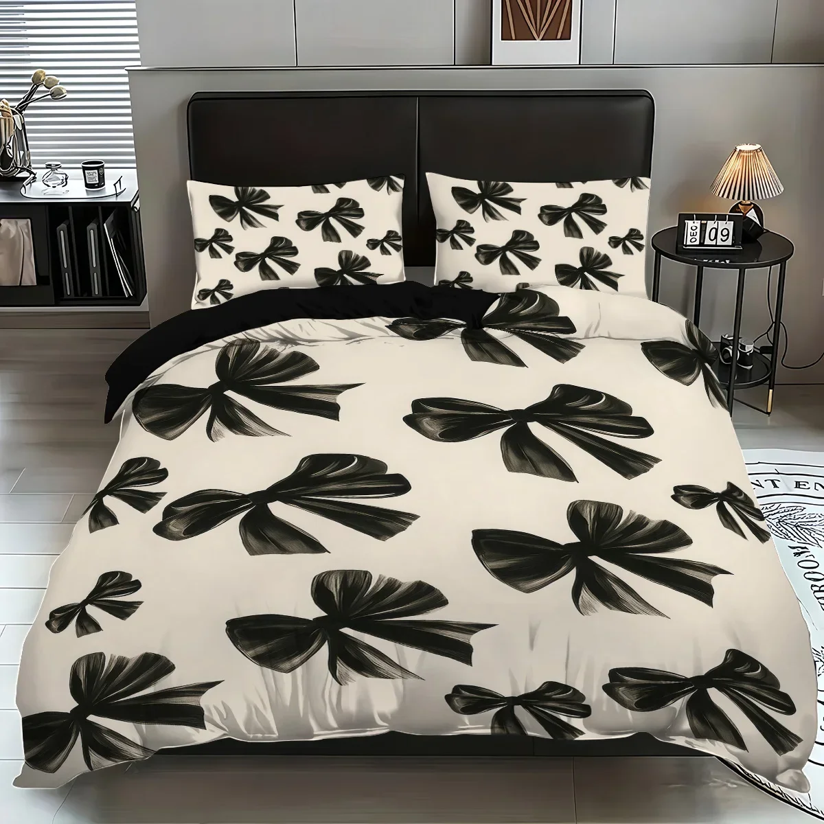 3pcs Black Bow Print Coreless Bedding Set Multiple Sizes Suitable for Bedrooms and Dormitories, Comfortable and Machine Washable