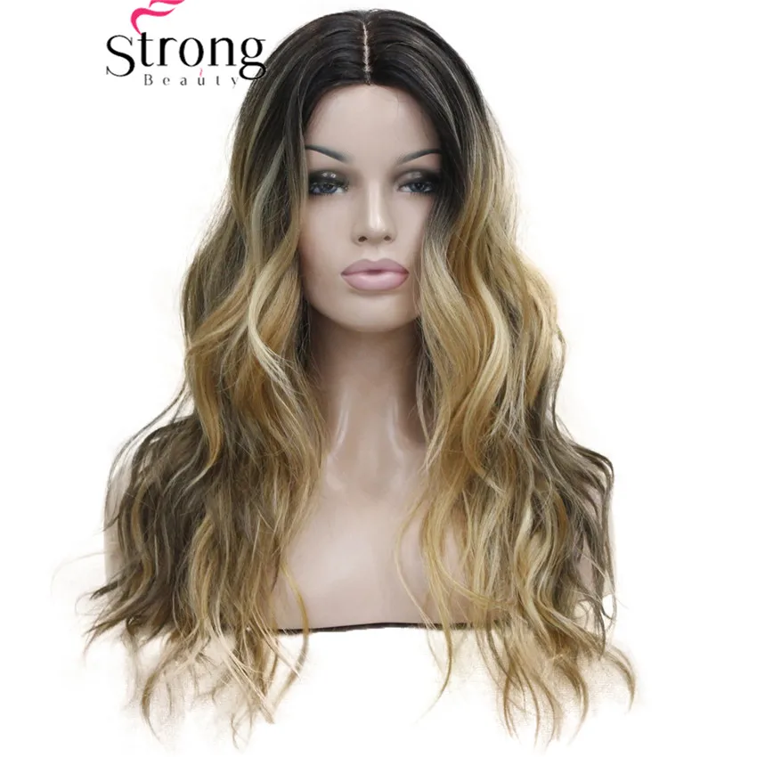 

Long Heat Resistant Dark Brown With Golden Blonde Three Tone Ombre Wavy Synthetic Little Lace Front Long Wig COLOUR CHOICES