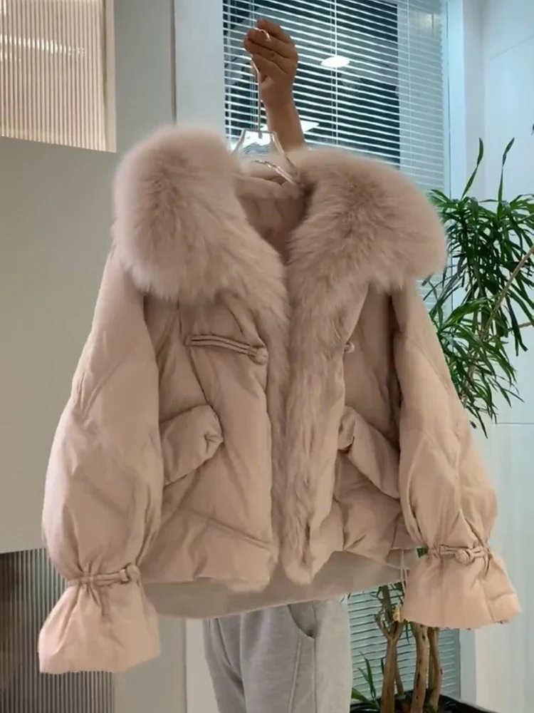 Fashion High-End Retro Solid Color Long Sleeve Women's Down Coat Autumn Winter Sweet Commuter Fur Collar Short Down Jacket Coat