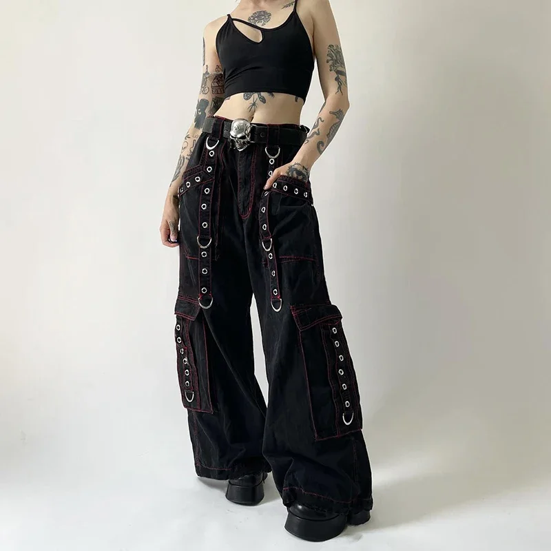 Black Bandage Cargo Jeans Vintage Gothic Punk Big Pockets Trousers Grunge Aesthetic Streetwear Pants Metal Harajuku 2024 yiciya cargo jeans y2k pants women street oversize loose multiple pockets female pant 2024 winter vintage hip hop denim trousers