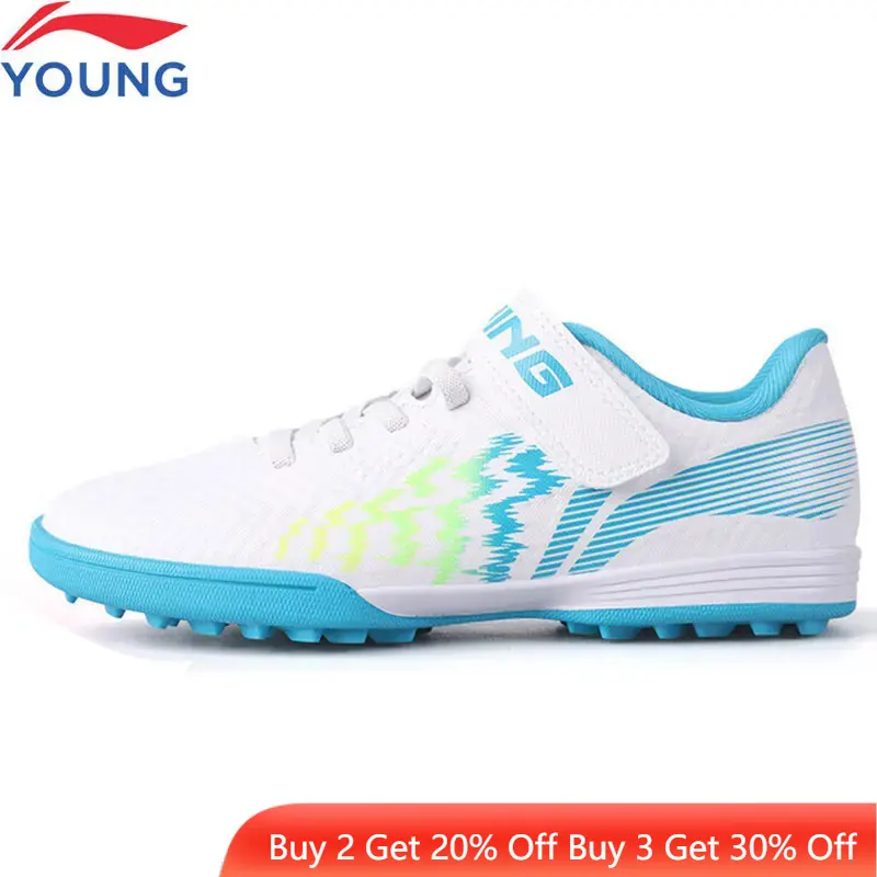 Li-Ning Kids TF Soccer Shoes Hook & Loop Breathable Football Shoes LiNing Child Wearable Snti-slip Sports Sneakers YKGU008