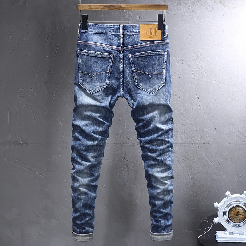 Italian Style Fashion Men Jeans Retro Blue Elastic Stretch Slim Ripped Jeans Men Embroidery Designer Vintage Denim Pants Hombre