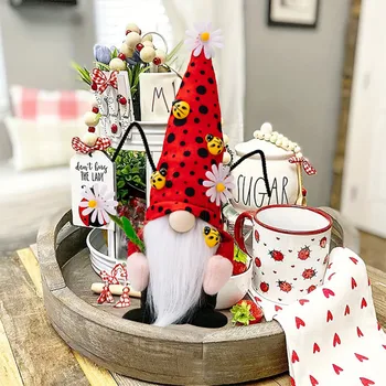 Ladybug Gnomes Kitchen Tiered Tray Decor Plush Swedish Tomte Scandinavian Figurine Spring Summer Farmhouse Household Ornament 4