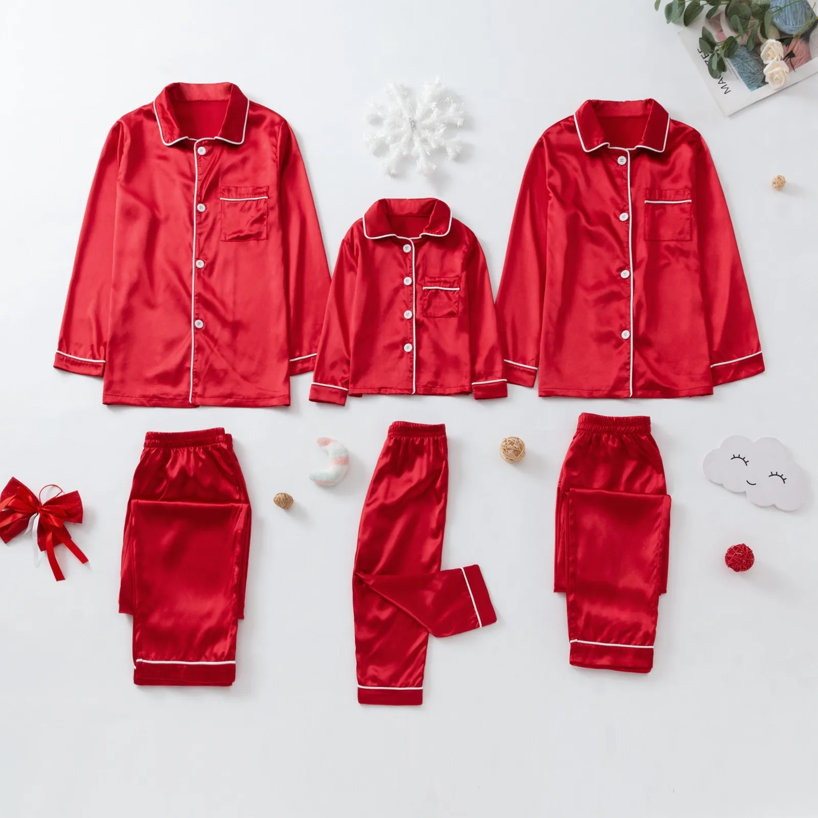 thumbnail image 5 of Conjunto de pijama de seda satinada de color liso para Navidad, conjunto familiar a juego con camisa de manga larga con solapa y pantalones holgados, 5 of 5