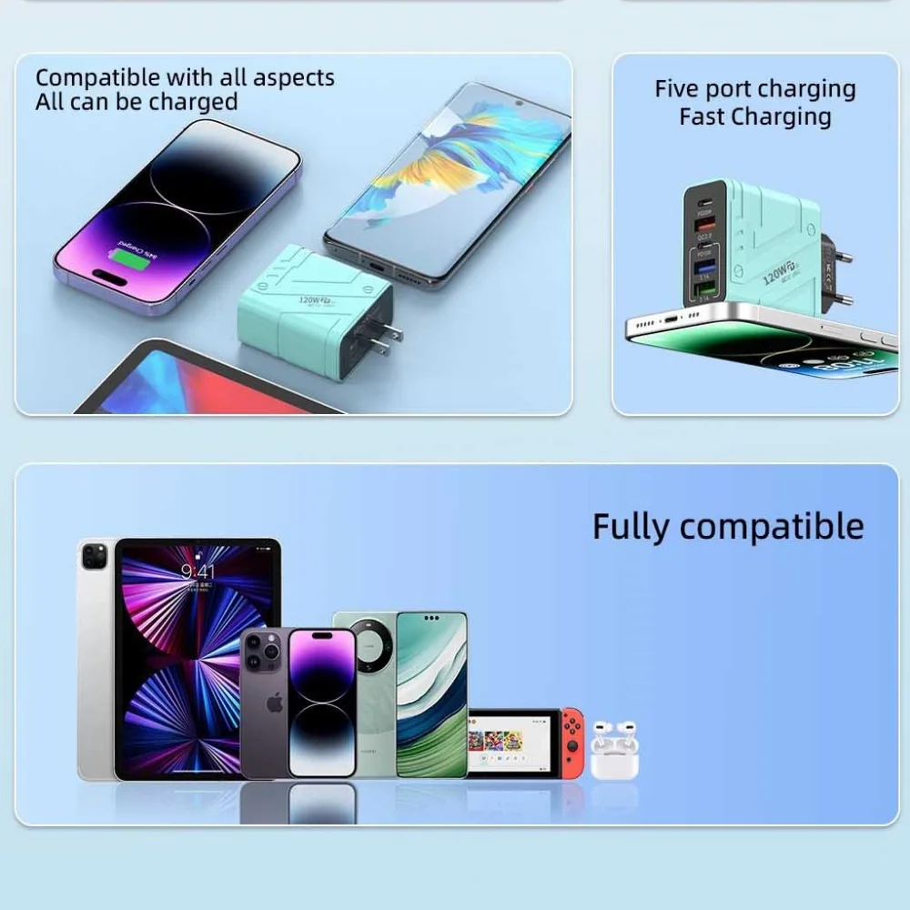 120W 5 Port USB C Fast Charger Phone Adapter For iPhone Samsung Xiaomi Quick Charge Wall Travel EU US Plug USB Chargers