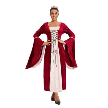 European American Plus Size Women's Clothing Golden Velvet Straps Horn Sleeves Retro Medieval Dresses Stage Performance Clothing