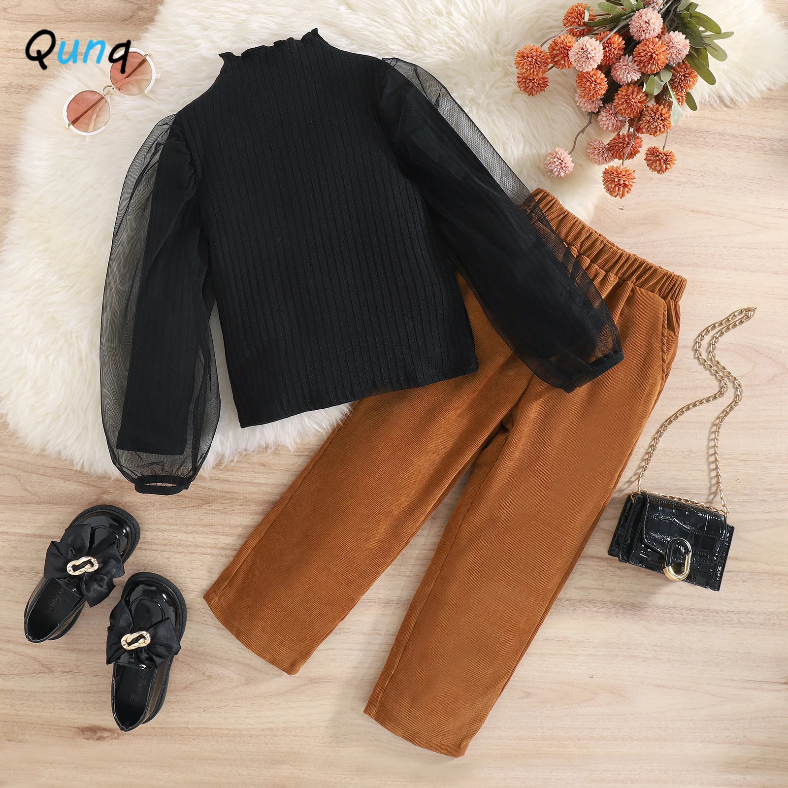 

Qunq 2023 Autumn New Girls Pit Stripe Patchwork Mesh Puffy Sleeve Top+Corduroy Pants 2 Pieces Set Casual Kids Clothes Age 3T-8T