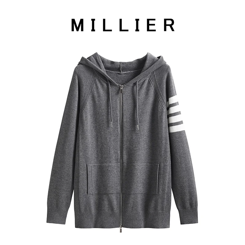 

Four-bar hooded loose zipper cardigan spring autumn TB British men's and women's same large size sweater coat