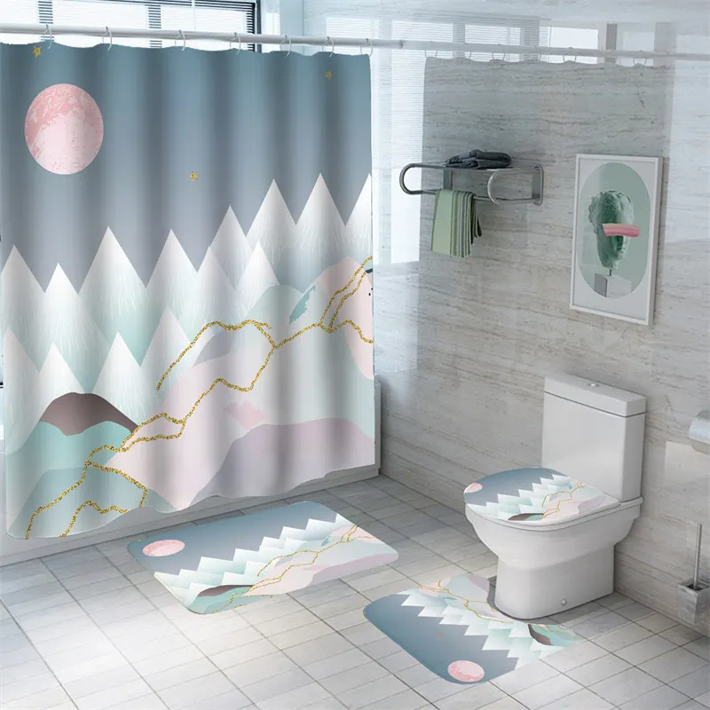 

Oil Painting Ocean Waves Shower Curtain Geometric Bath Mat Set Waterproof Polyester High Quality Carpets Mildewproof Toilet Rugs