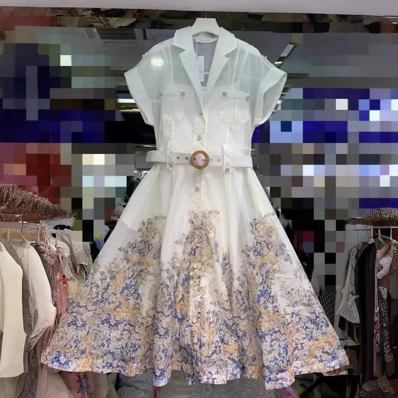 

Short Sleeve Printed Single Breasted Long Large Hem Dress with Waist Waist, Linen Lapel, Australian Fashion Brand, New, 2024