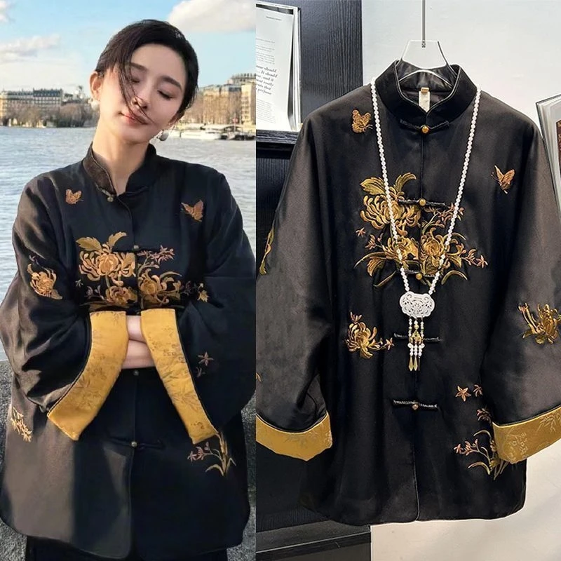 Autumn Chinese Embroidered Tang Suit Jacket Spring Autumn New Unique Top Lady Elegant Improved Tangsuits Long Sleeve Coat