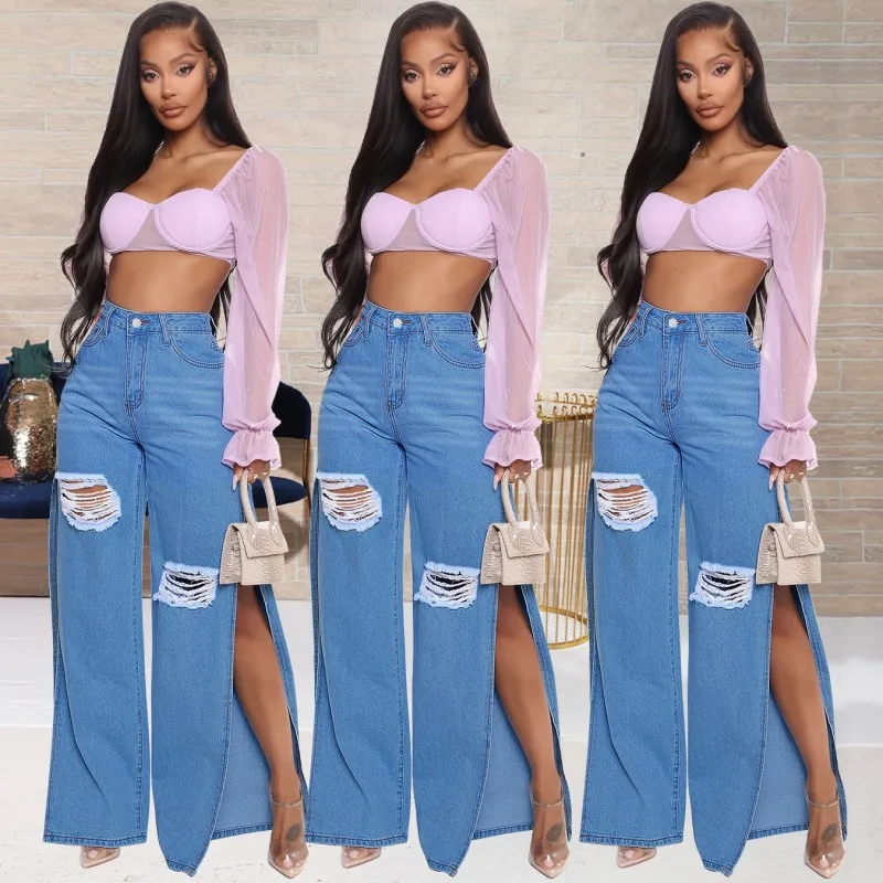 Women Stretch Split Wide Leg Denim Flare Long Pants Spring Autumn New High Street 2021 Blue Ladies Fashion Club Sexy Hole Jeans street fashion demin pants women flame stitching contrast high waist casual straight jeans fashion 2021 spring autumn indie new