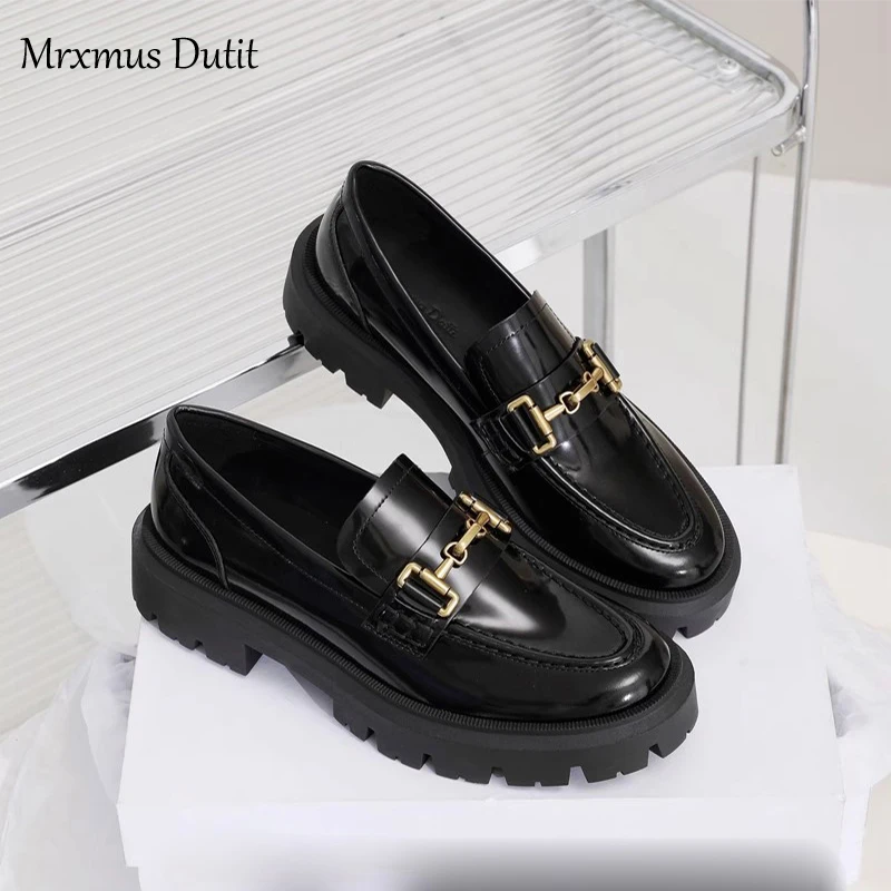 Mrxmus Dutit 여성용 천연 가죽 라운드 헤드 두꺼운 로퍼, 얕은 블랙 와일드 캐주얼, 심플한 슬립온 신발, 여성 시크, 2024 신상