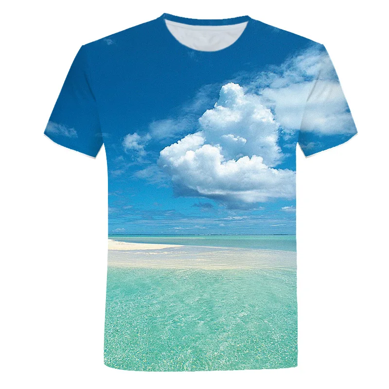 

Beach Blue Sky White Clouds 3d Pattern Men'S Summer T-Shirt Casual Refreshing O Collar Short-Sleeved T-Shirt Plus Size Top