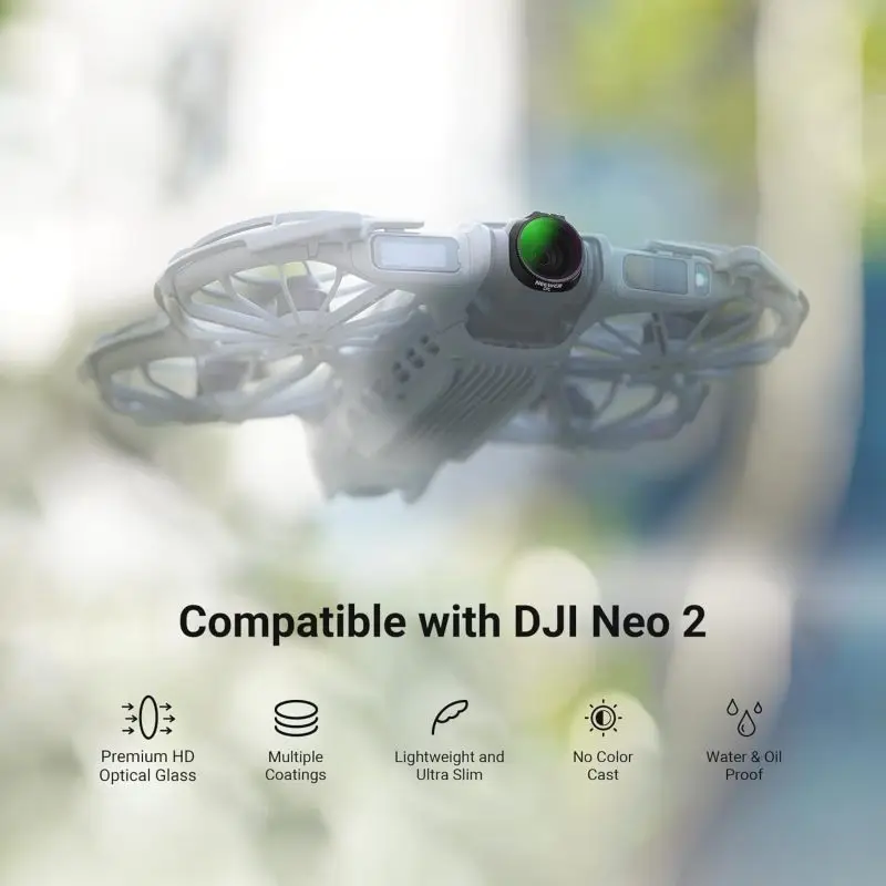 Lot de 3 filtres ND, CPL et UV NEEWER pour DJI NEO2, posés sur fond blanc.