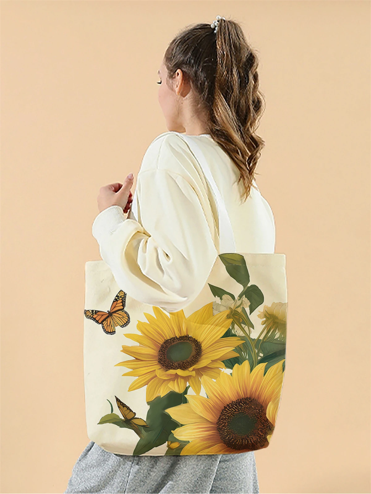 1pc,Sunflower flower handbag, reusable fashion handbag, multifunctional handbag, printed canvas shopping bag