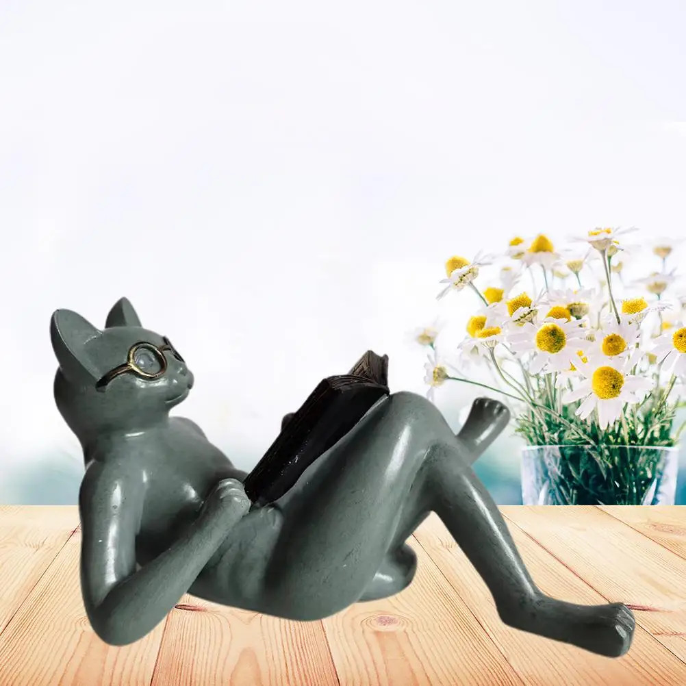 

Literary Cat Resin Ornaments Garden Statue Decoration Reading Glasses Cat Crafts For Study And Office