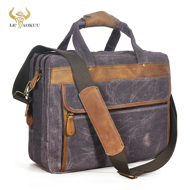 

Canvas+Natural Cow Leather Vintage Tote Briefcase Business 15.6" Laptop Case For Men Male Attache Messenger Bag Portfolio B1001