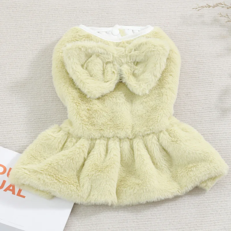 Autumn and winter new bow cat clothes can be pulled solid color cotton skirt cute dog teddy pet plush short skirt