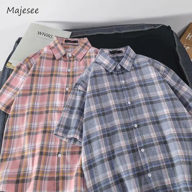 

Unisex Plaid Shirts Men Chic Summer All-match Daily Casual Hot Sales Couple College Short Sleeve Tops In Outerwear Popular Cozy