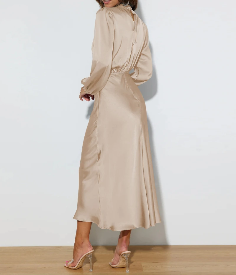 Kleider für Frauen Herbst neue Satin lang ärmel ige lose Kleid elegante Abendkleider hoch taillierte Party eine Linie Vestidos – Detail 3